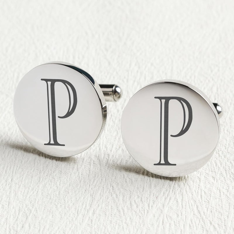 SeemDanten Mens Classic Initial Cuff links A-Z Alphabet 26 Letters Stainless Steel Silver CuffLinks with Engraved Walnut Wood Gift Box Business Wedding Set - Image 3
